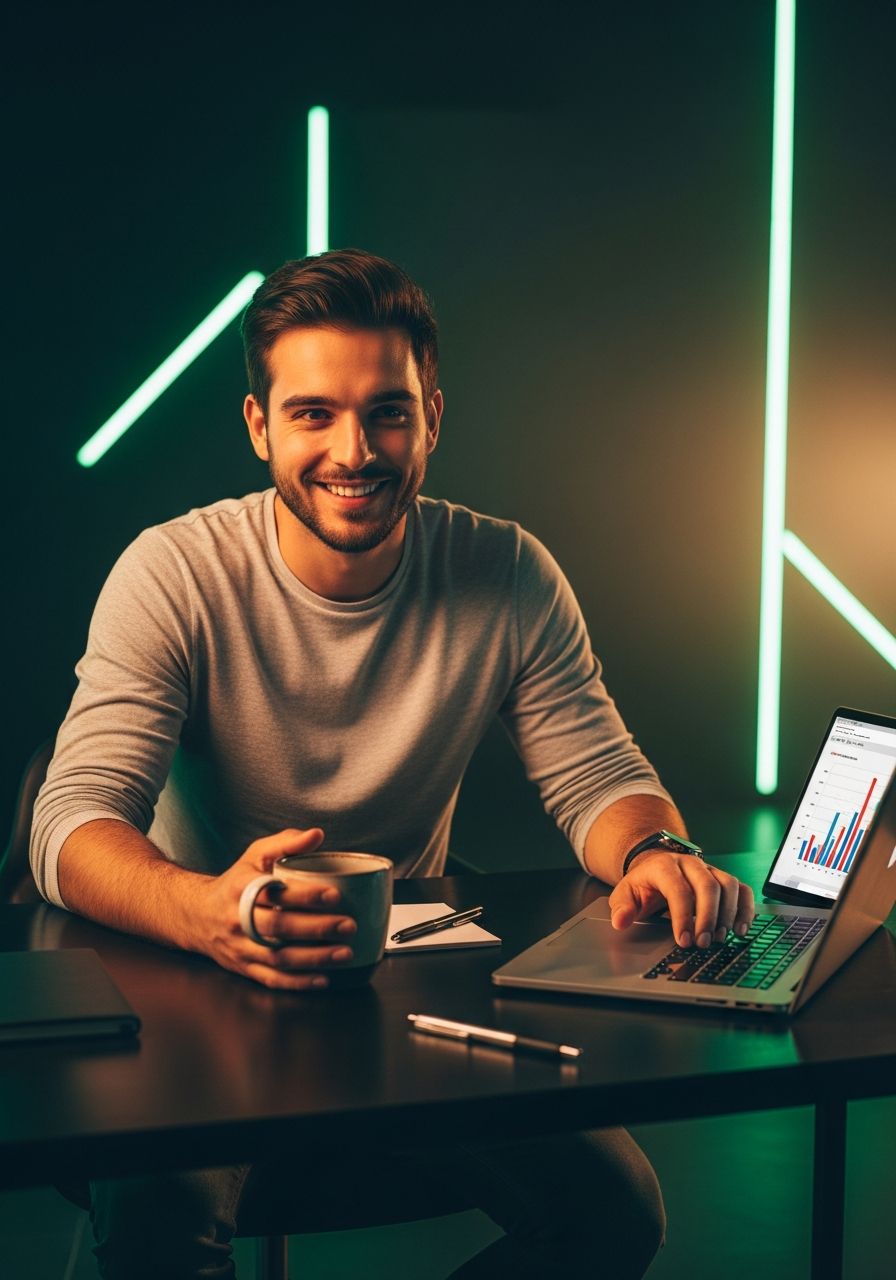 Confident entrepreneur at a modern desk with laptop